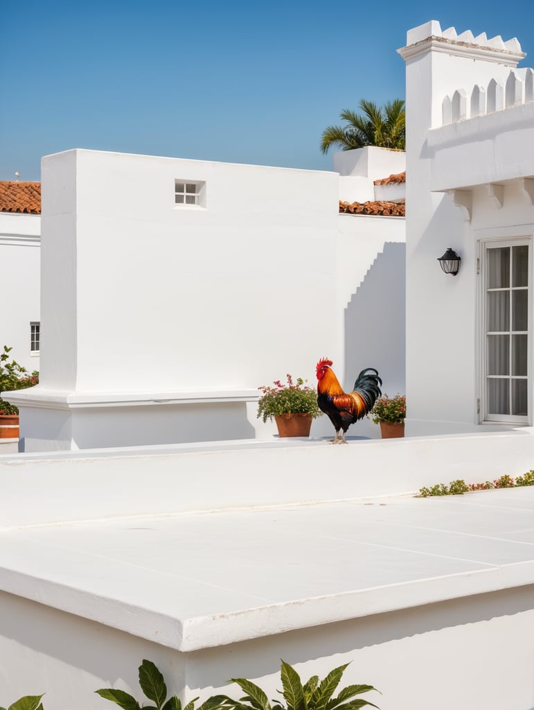 White rooftop with colorful plants. At the background are flat rooftops of other White House’s in the style of a Spanish village. Blue sky, high detail. Rooster sitting on the parapet