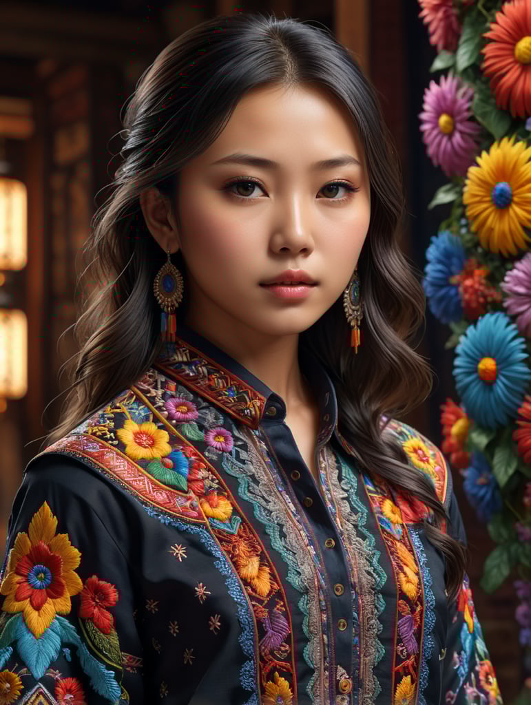 A young Japanese native American girl stands proudly in his traditional embroidered shirt, surrounded by vibrant colors and intricate patterns. The 8K Ultra HD resolution captures every detail of his outfit, from the delicate stitching to the rich textures. With the use of octane render, this 3D image comes to life in a stunning isometric view.