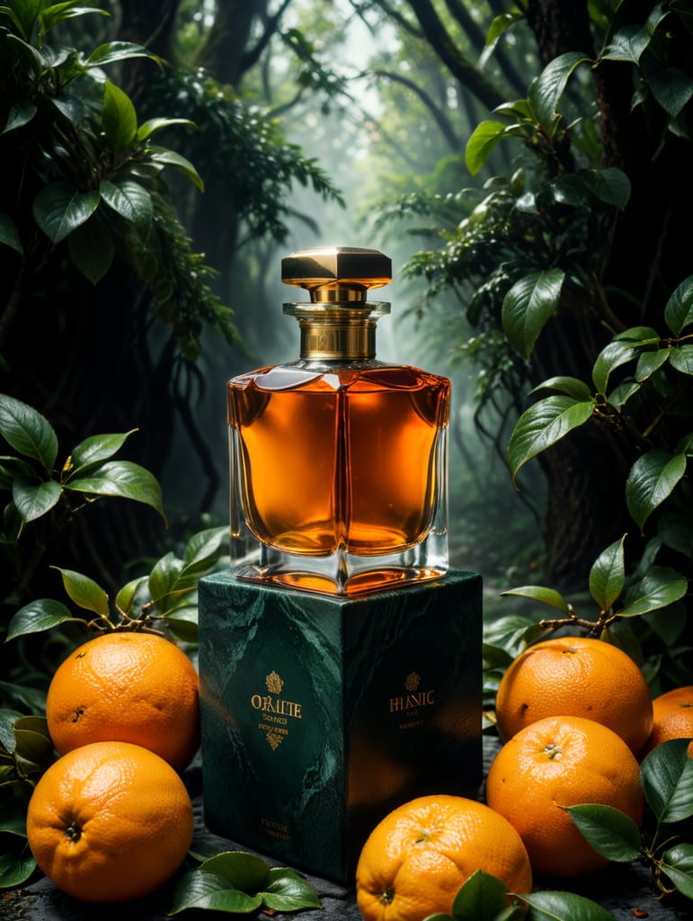 professional photography of a luxury perfume, orange fruits around, orange forest, green satin scarf, no label, clear, mockup