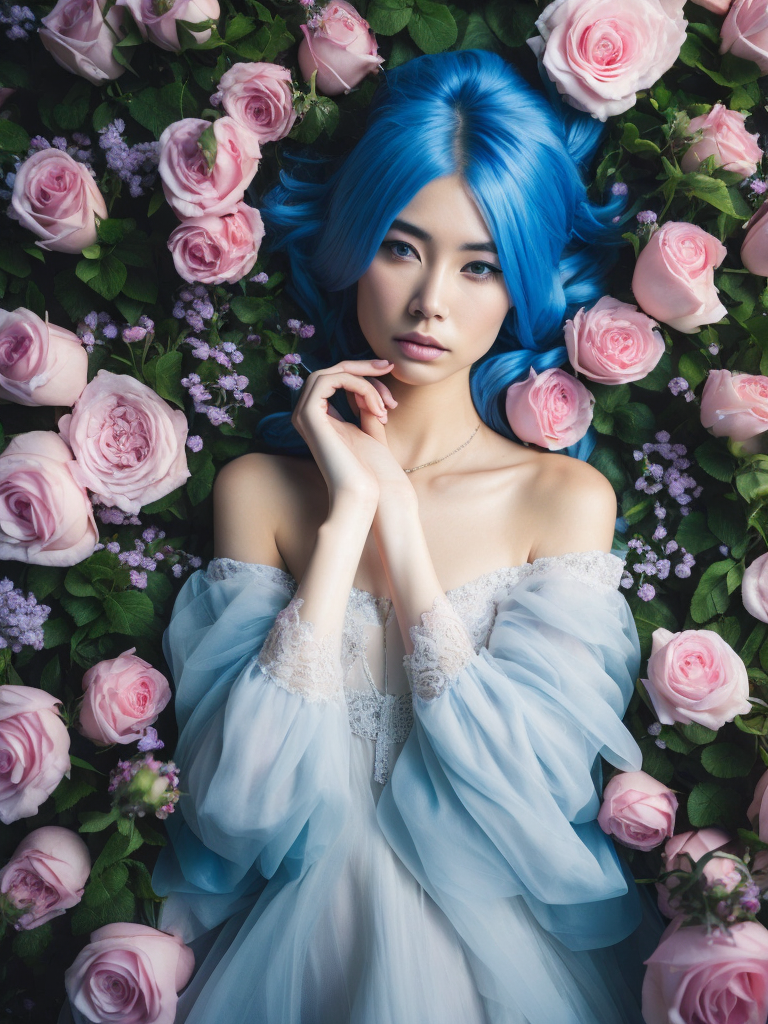 esktop HD wallpaper: Flower, Rose, Dress, Model, Women, Blue Eyes, Blue Hair, Long Hair, Lying Down free download background picture,Human laying in flowers, top view, cinematic, dark light, beautiful colors, detailled, 4k