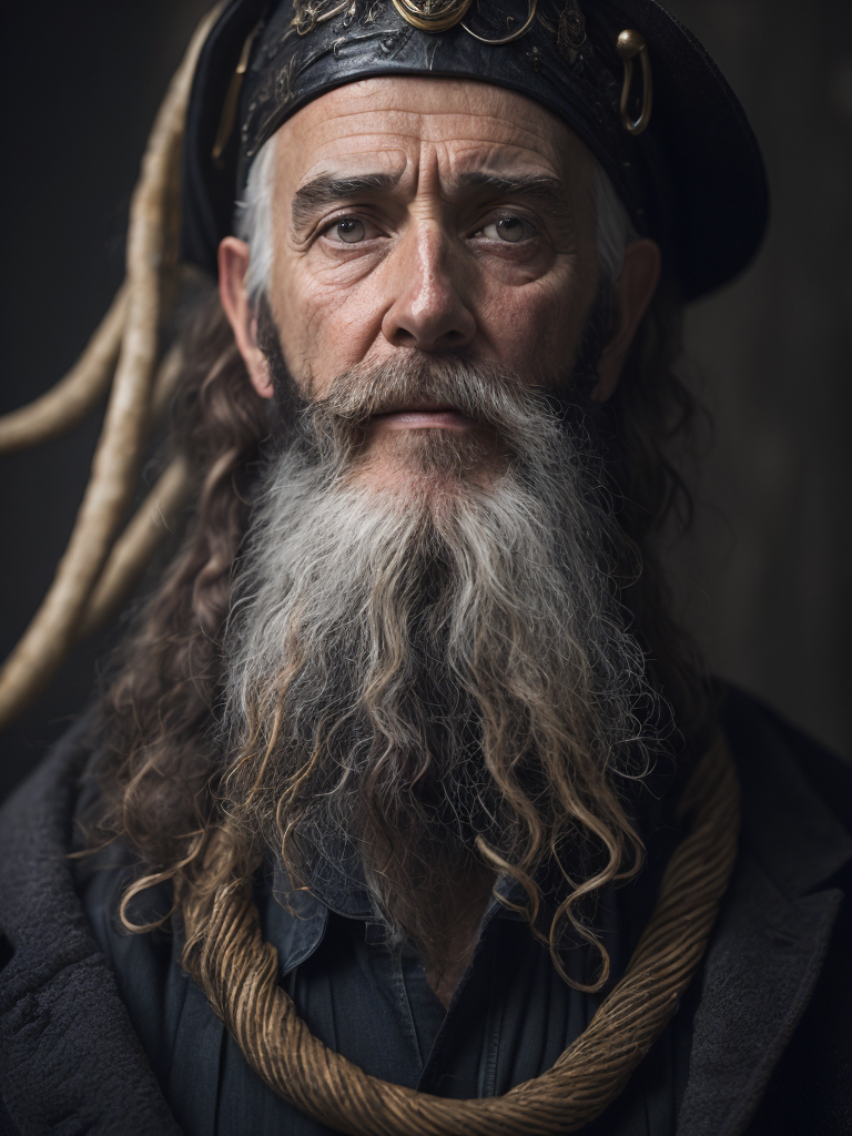 old pirate with octopus beard, dark scene, dark atmosphere, epic shot, sharp on details