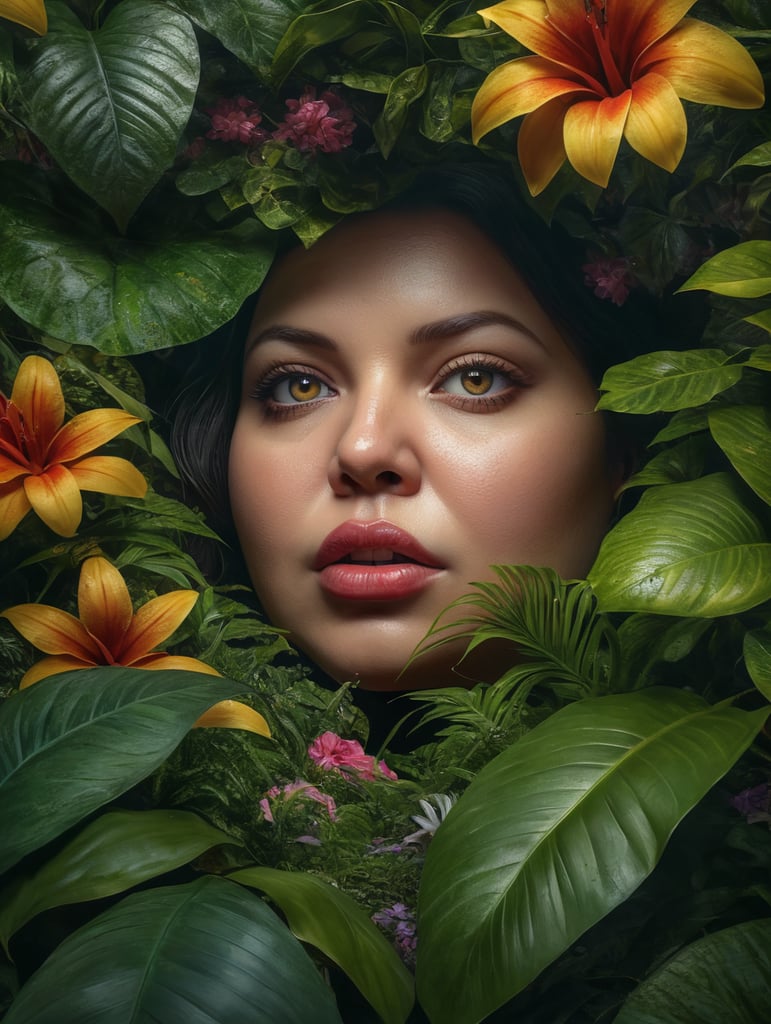 eyes and lips of overweight woman peering through lush jungle leaves and flowers