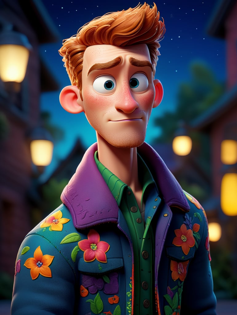 Beautiful ginger man with freckles, wearing a colorful, vibrant, detailed embroidered jacket, medium-full shot, at night