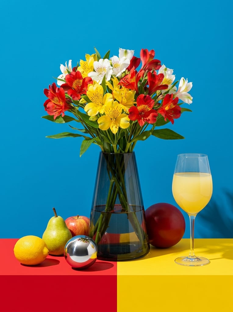 A vibrant still life arrangement of bright flowers, varied fruits, and geometric objects set against a solid azure blue backdrop. A dark, translucent conical glass vase centers the composition, holding a lush bouquet of red, yellow, and white alstroemeria flowers with green stems visible in the water. Clustered around the base on a flat surface split into solid red and yellow blocks are two yellow citrus fruits, a pale pear, a reddish apple, a reflective metallic silver sphere, and a large smooth dark red ball. To the right stands a tall stemmed glass filled with opaque yellow liquid. Strong studio lighting from the upper left casts distinct shadows. The image features a bold, high-contrast primary color palette, evoking crisp, vivid graphic commercial photography with striking color-blocking.