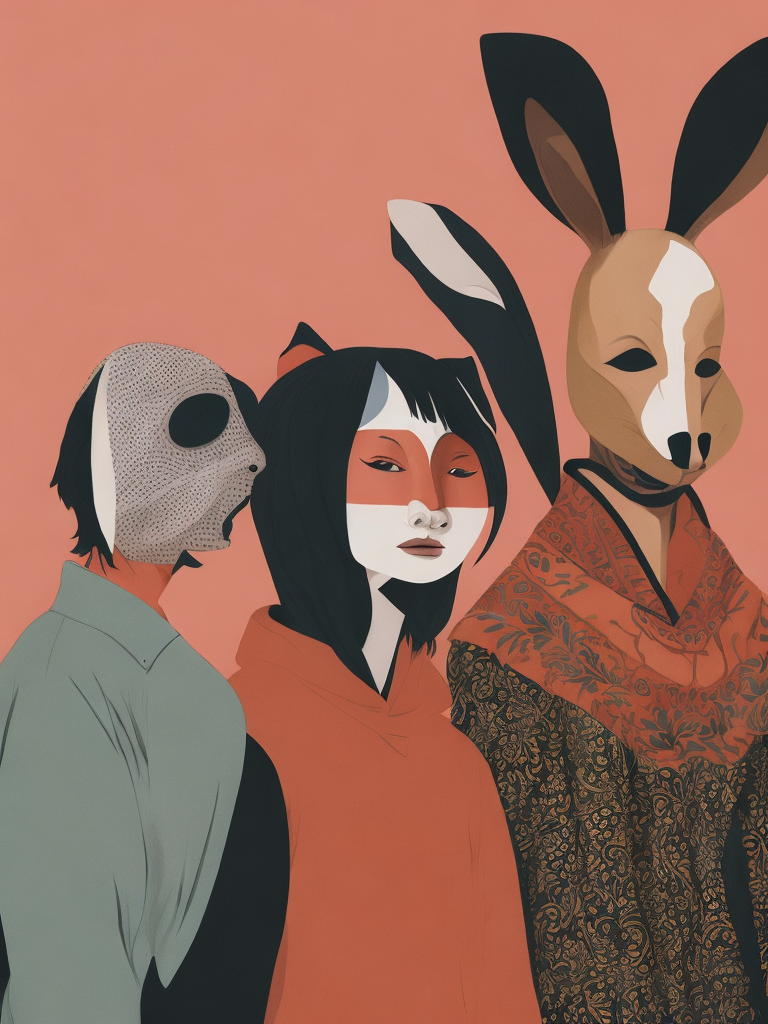 an illustration of people who are standing with two masks on, in the style of ren hang, naive childlike, medicalcore, depiction of animals, alex gross, polychrome terracotta, bunnycore