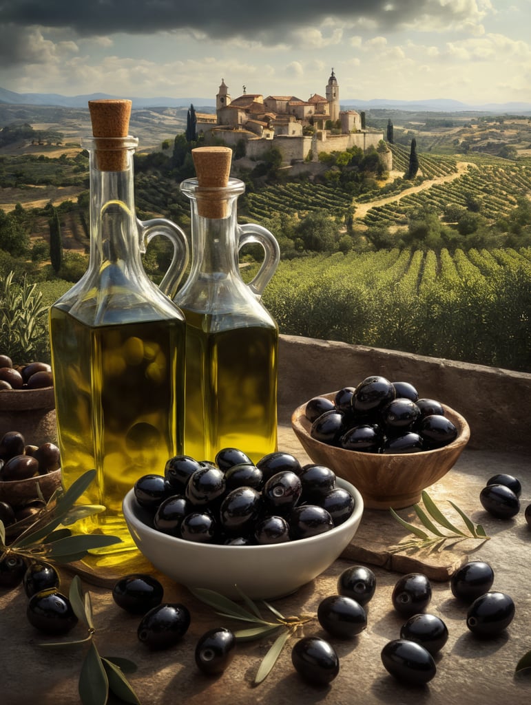 olive oil scene. black olives without holes drizzled with oil and transparent bottles filled with olive oil. The olives should have the right texture, with a backdrop of an olive field with an ancient castle on the horizon.