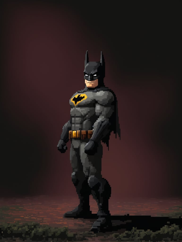 8-bit Pixel art, square bog pixels, flat colors, batman portrait, flat gray background