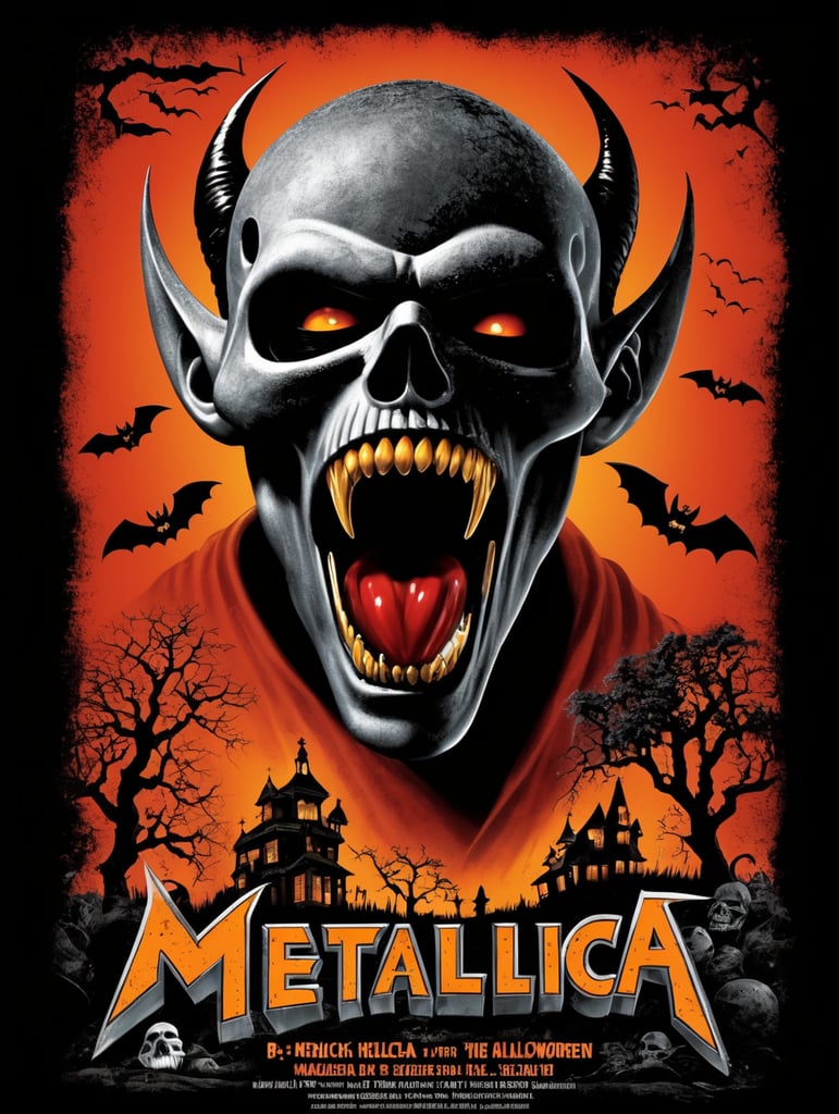 1950's b-movie horror halloween t-shirt print design featuring METALLICA BRAND LOGO