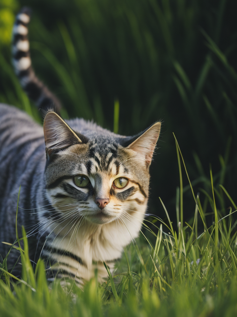 raibs kaķis zaļā zālē