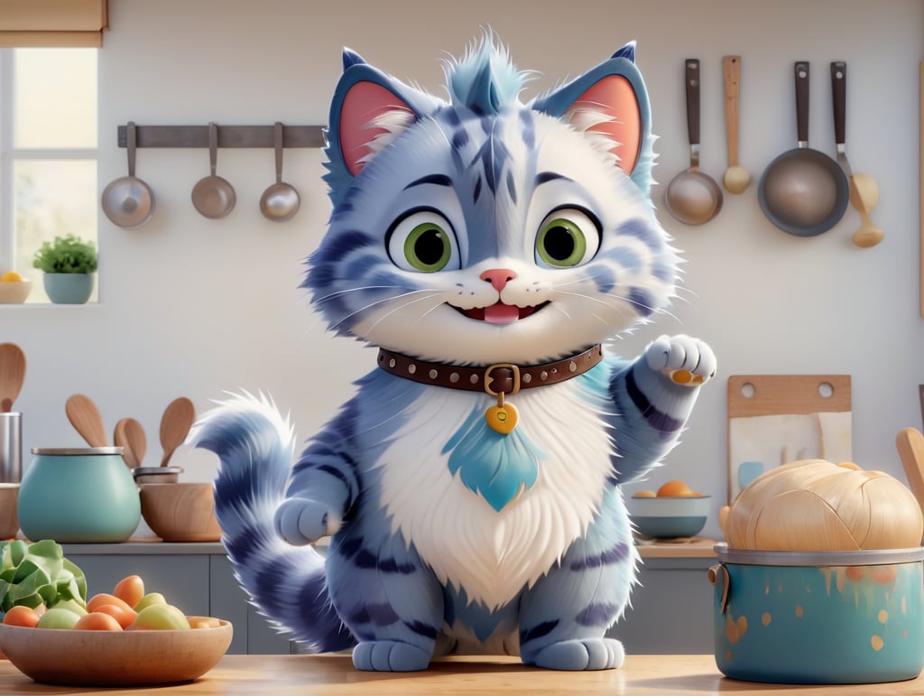 На кухне Кот стиль акварель. кожаные ремни.. корм в руке . Улыбается