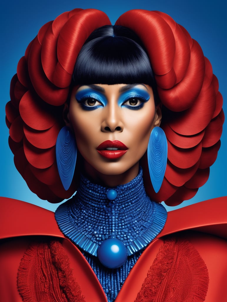 Donyale luna, avant-garde, simplygo, photoshoot spread, dressed in all red, blue background, harpers bizarre, cover, headshot, hyper realistic