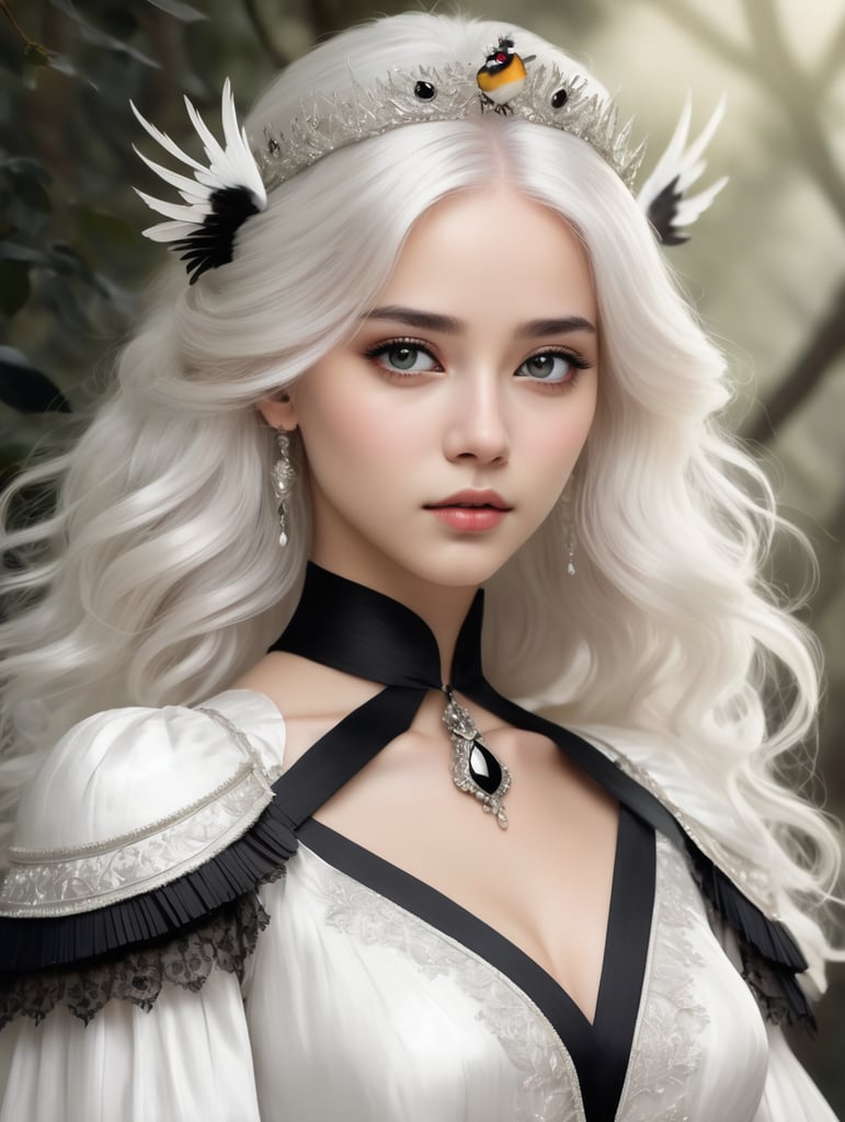 Beyaz saçlı beyaz elbiseli gözleri olmayan ama gözlerinde siyah bir şerit olan kuşlar prensesi bir genç kadın