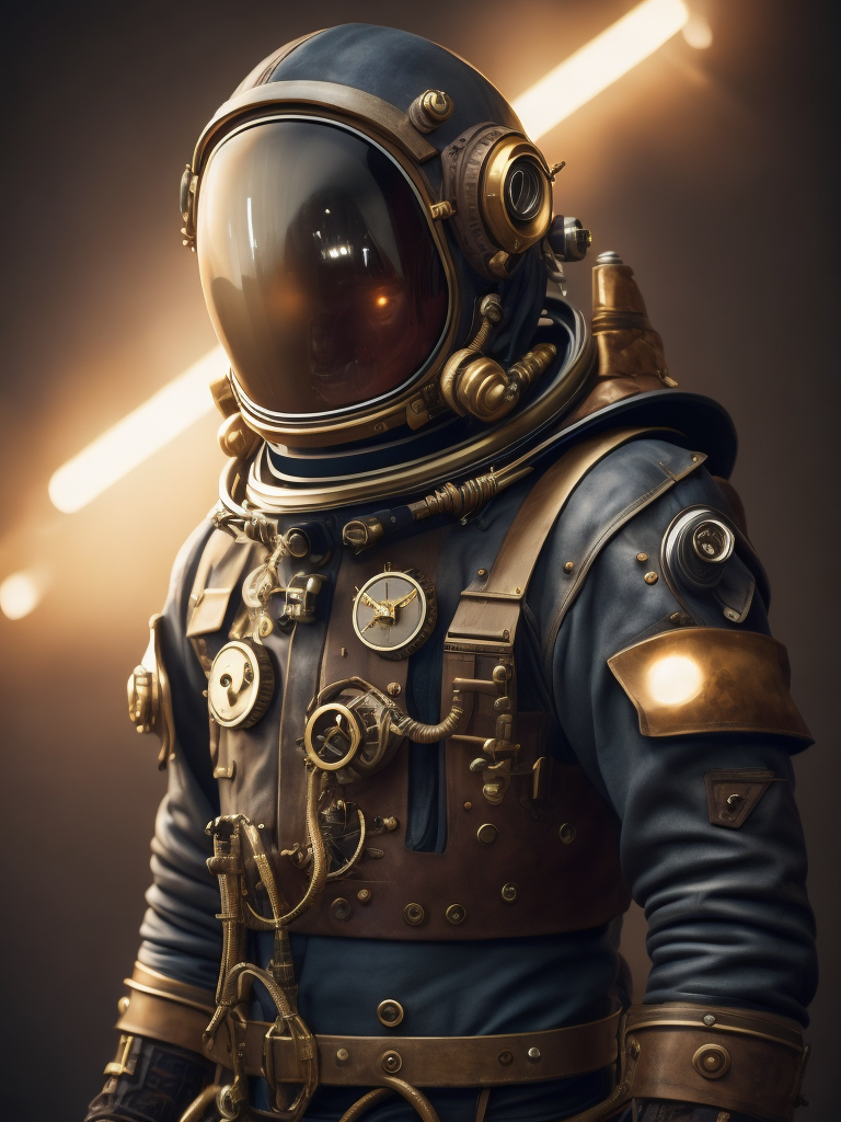 A steampunk astronaut wearing a Victorian-inspired spacesuit with brass gears and leather straps, Dramatic Lighting, Depth of field, Incredibly high detailed