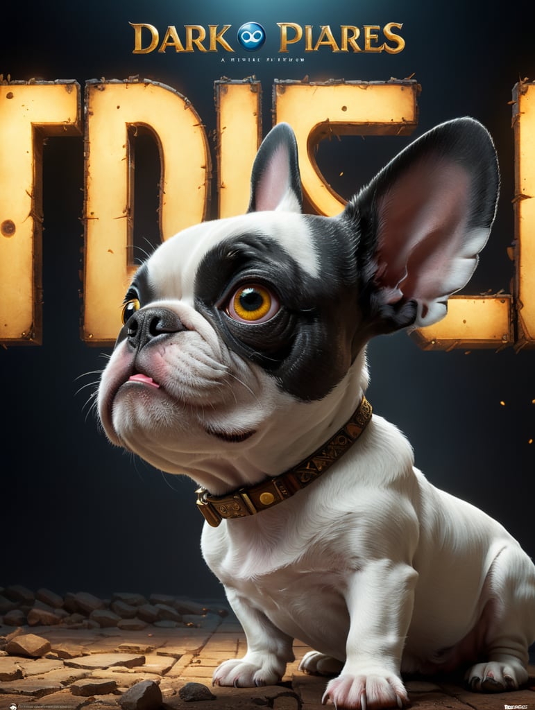 A Disney Pixar-inspired movie poster with title "Argos". In the image a white french bulldog with a black rigth eye and nose beside, with black eyes and a smiling face. The scene should be in the distinct digital art style of Pixar, with a focus on character expressions, vibrant colors, and detailed textures that are characteristic of th animations, with the title "Argos"