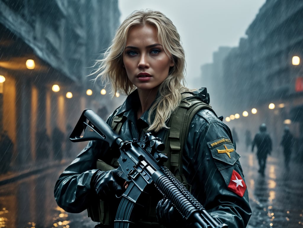 blonde woman with AK-74 gun on her hands big street rainy deserted city in military uniform