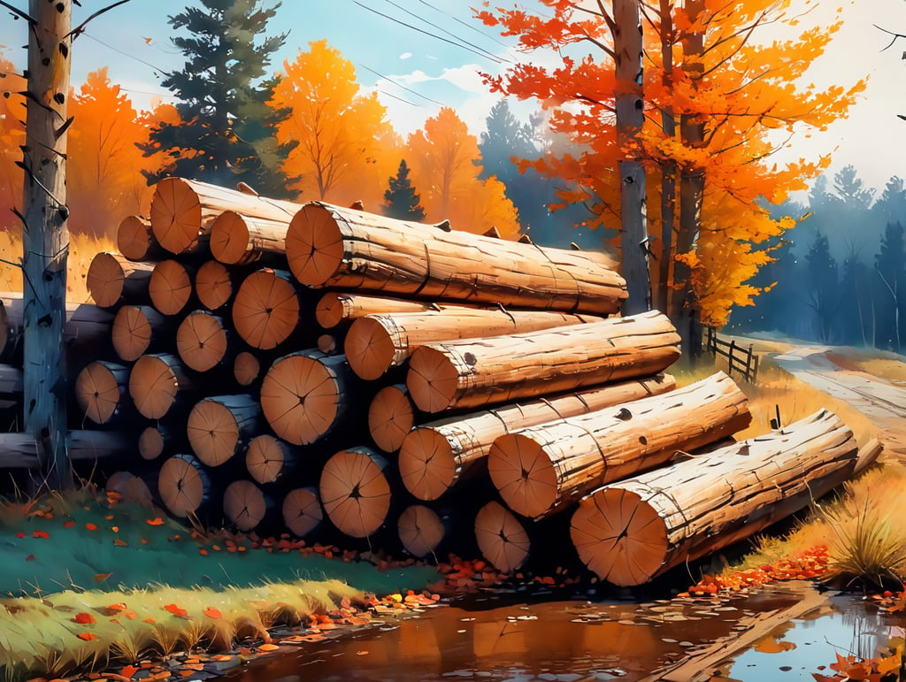 Pile of small logs by a tall fence in autumn, soft wintery light.