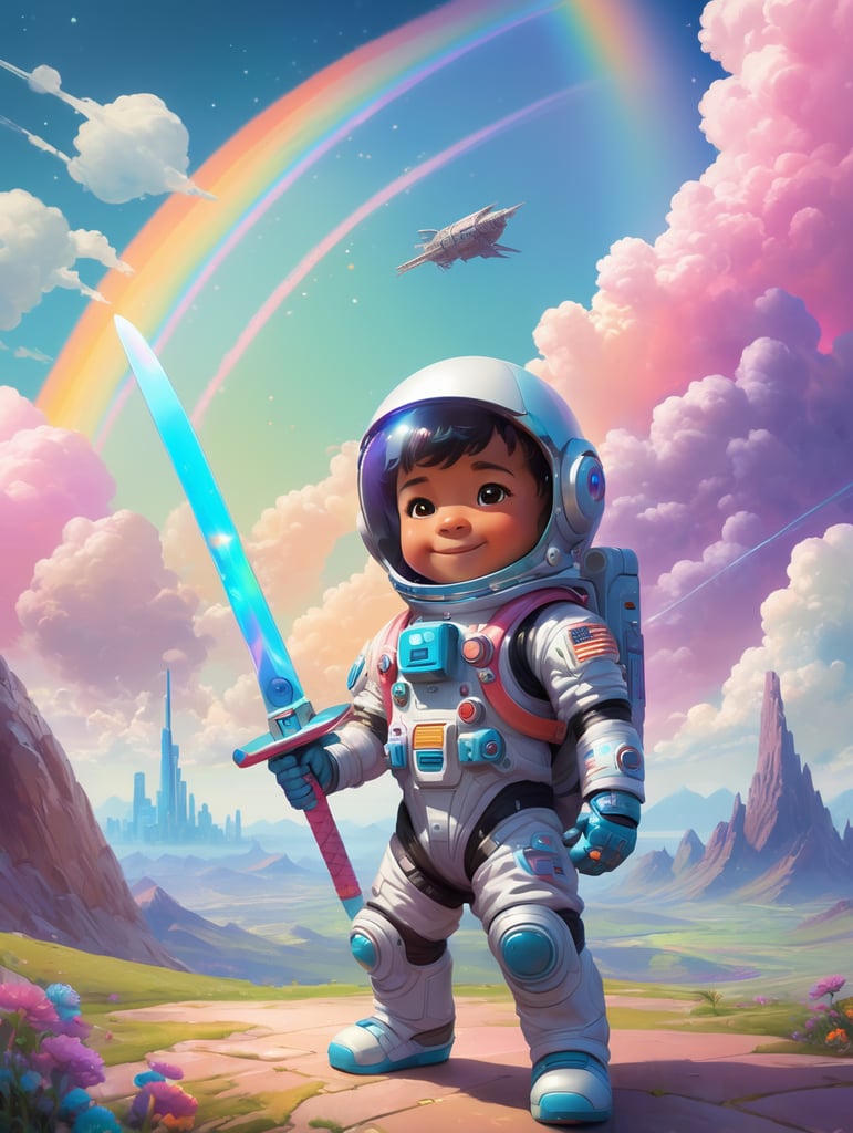 Highly detailed portrait of a cute little astronaut. he has a bright and cheerful color scheme, featuring a mix of pastel blues, pinks, and purples, standing with his arms folded holding a toy sword, surrounded by a swirl of energy. the background is a colorful cartoon landscape, with fluffy clouds and a rainbow. the background is a stark, metallic landscape, with a futuristic cityscape visible in the distance. by atey ghailan, by eduard hopper, by greg tocchini, by james gilleard, grunge aesthetic graffiti