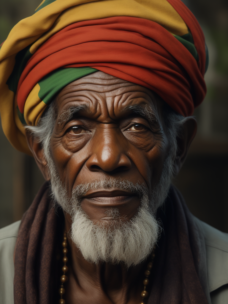 Jamaica's Old Man, portrait, realistic image, lots of details, wearing turban