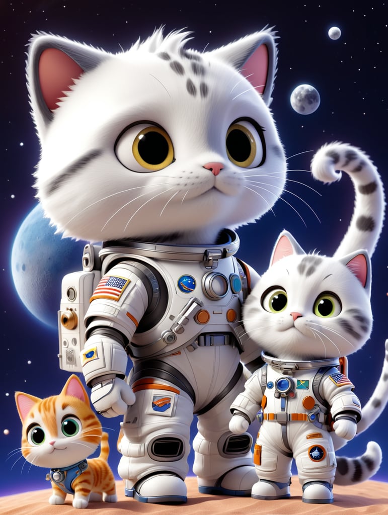 Astronaut with cute cat with spaceship on the moon