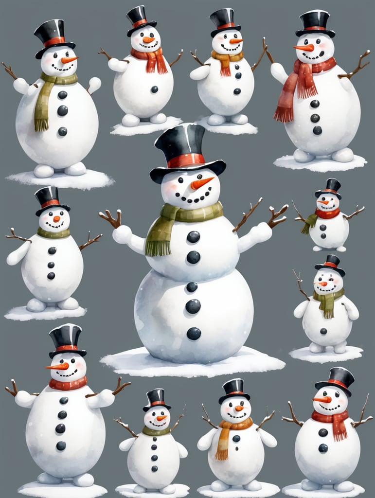 Snowman, different angles and expressions, full body only character sheets, multiple poses, white background, whimsical watercolor