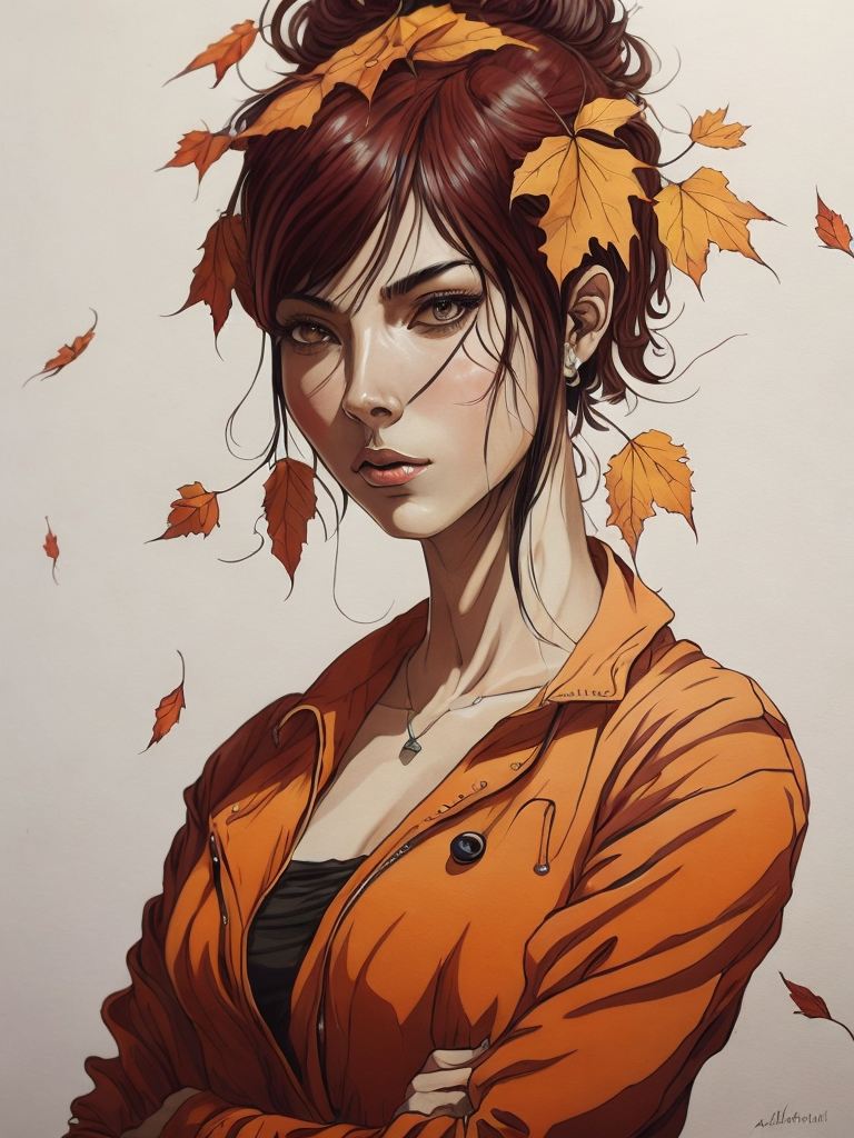 A beautiful full-height girl in an autumn attire. Around her, yellow fallen leaves are swirling, with plenty of sunlight. In the background, there are ripe red apples. Around her, flowers are in full bloom, it's morning. The girl is looking at her reflection in the lake.