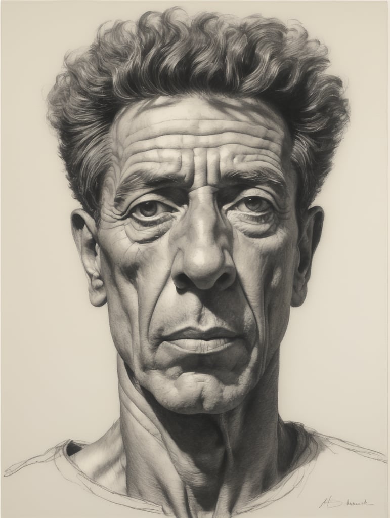 a drawing of a man with a head in the middle of it's face and a line of hair on his head, Alberto Giacometti, figurative art, stanley artgermm, a charcoal drawing