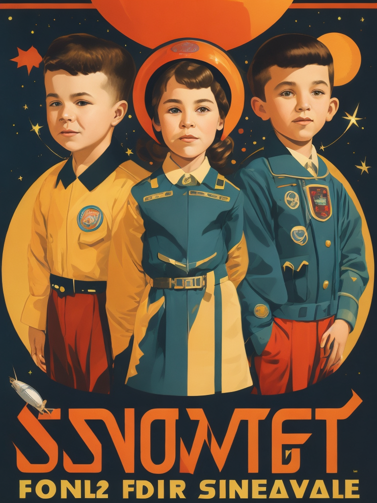 (soviet propaganda poster:1.25), a three kids dream about space, dressed in national costumes, sputnik, vintage colours, soviet propaganda poster, 1960s style, flat style, retro science fiction