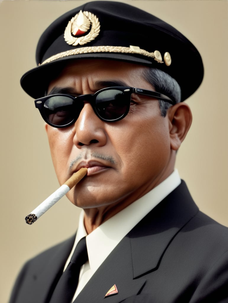 presiden soekarno menggunakan jas hitam, kacamata hitam dan peci hitam sedang merokok