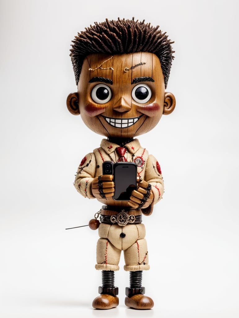 white background voodoo doll basic pins stitched (man) happy sorrindo com celular na mão