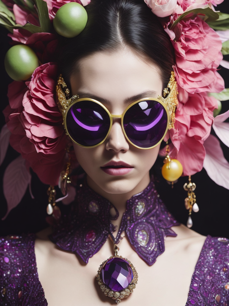 purple and pink, retrofuturism, retro future, 1970, purple healer shaman, bright, colorful rgb, dream world, Alexander McQueen Glazier, angel face, shaman, horrific, arty pose, fashion, massive huge jewelry, precious gems, massive pearls, giant white diamonds, retrofuturistic, crystal, marble, glass, floral, massive big flowers, gem flowers, hyper neon glow, dark, moody, diaphanous layered ultra haute couture, high definition, high resolution, bold vibrant colors , volumetric lighting, 8k, 3d rende, style by dior, style by channel, by Jimmy Marble and Takashi Murakami