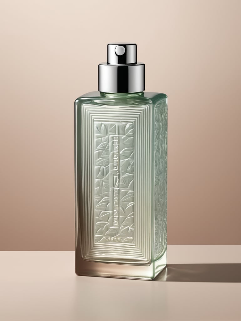 Rectangular skincare bottle with relief of rectangular patterns on glass