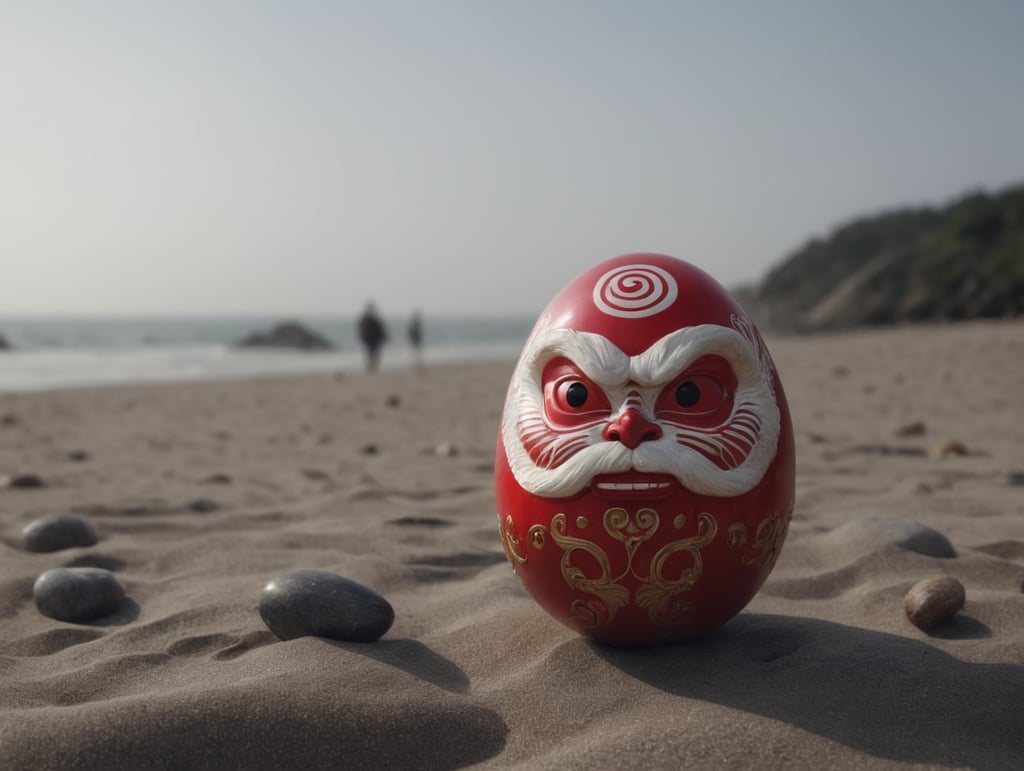 small Japanese happy daruma figure as an red and white dominated egg with gold. Situated on a beach close to the sea. Left eye has no pupil