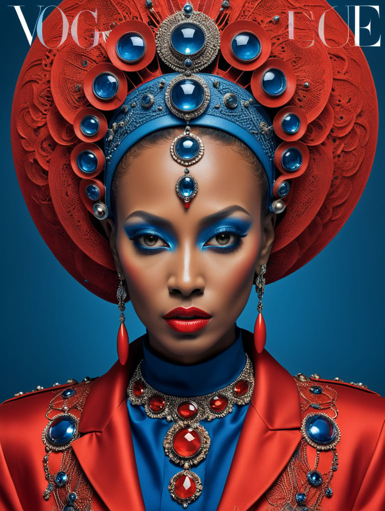 Vogue cover, Donyale luna, avant-garde, simplygo, photoshoot spread, dressed in all red, blue background, harpers bizarre, cover, headshot, hyper realistic