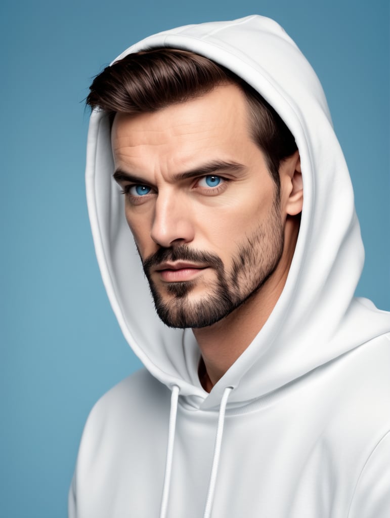 a man wearing blank white hoodie, isolated, blue background, style of Miles Aldridge, mockup, mock up