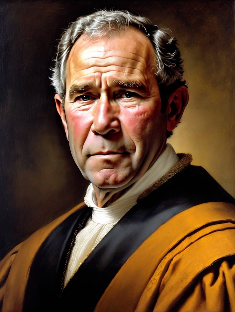 Portrait of George W. Bush by Rembrandt Harmenszoon van Rijn, sad face, America, so sorry