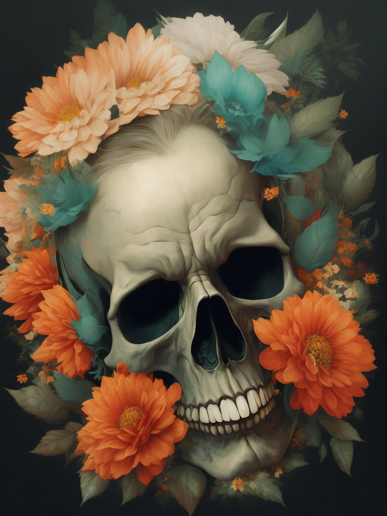 vector art of skull and flowers in the background, inspired by Japanese tattoo