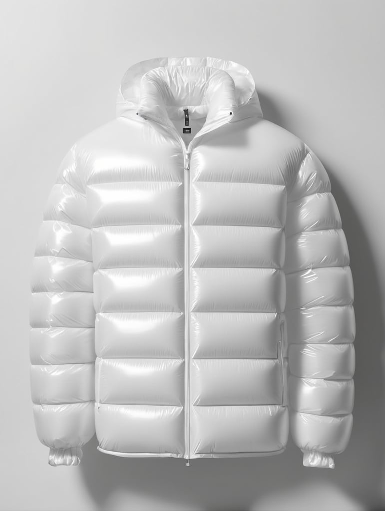 Inflatable white minimalist man's puffer jacket, transparent, isolated, grey background, mockup