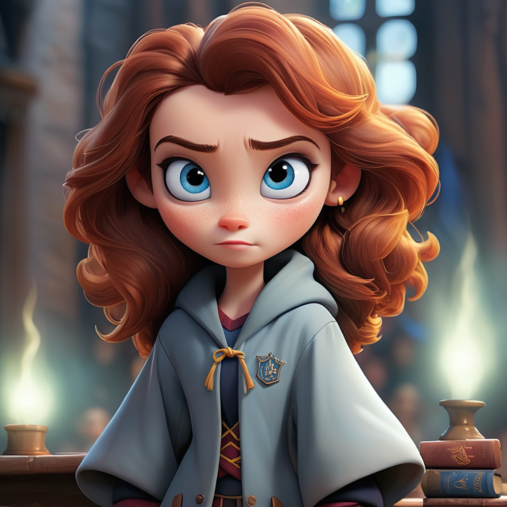 a girl with blue eyes, brown straught hair dressed in gryfindor hogwarts robes