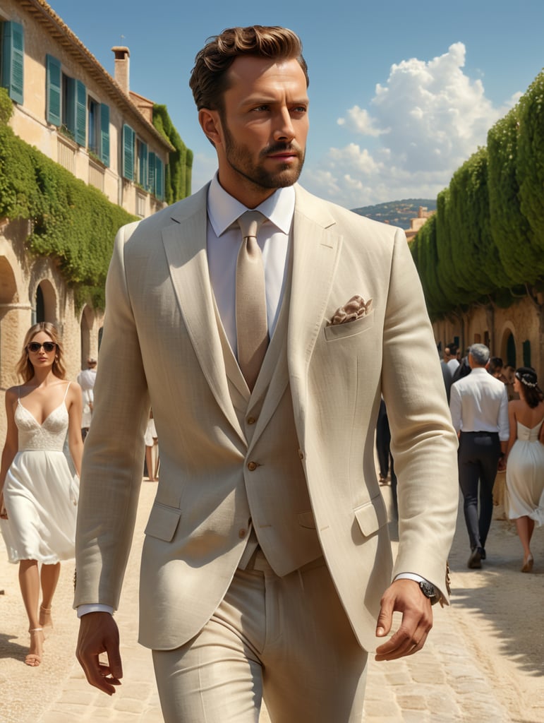 French thirty years old ultrarealism man walking in a saint Tropez landscape sunny day wear a 3 pieces beige linen suit costume privé Paris style blurred wife with a white wedding dress in the background