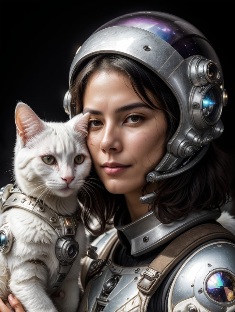 space woman astronaut with a silver helmet hugging white kitties