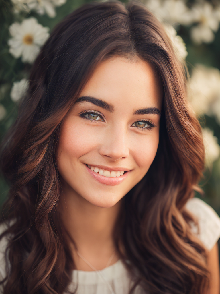 closeup portrait of a cute 1girl, fun mood, smiles, flowers around, flares
