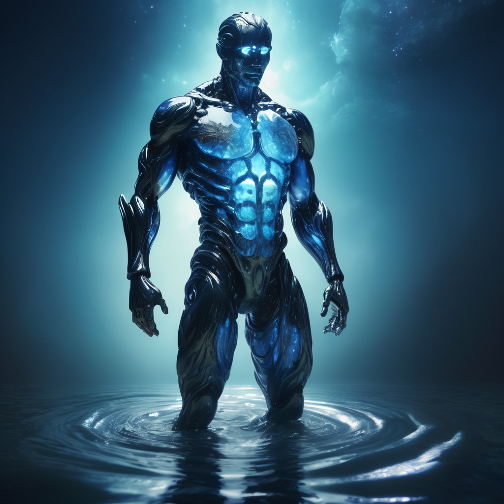humanoid made entirely of god luminescent and translucent liquid materials, on night Blue River , you can see all the inside of his body, supranatural style, realistic style, infinite ultra high definition image quality and rendering, infinite image detail, infinite realistic render, infinite realistic RTX global illumination, infinite special effect