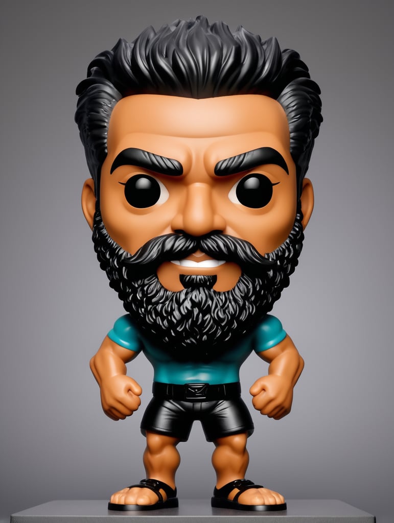 Funko pop figure of a hairy arab man, called Kedar, wearing black shorts, salt and pepper beard, salt and pepper hair, sandals, strong hairy chest, hairy arms, hairy legs. The background all black. He is very hairy.