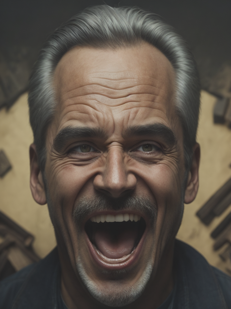 a painting depicting the head of a man with teeth, in the style of artist alex gross, dynamic colors, clear focus, surrealism, psychedelic overload, steve sack, highly detailed figures, nightmare, exuberant