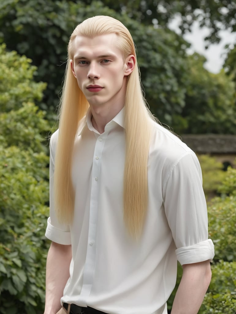 Young pale man, very long blonde straght hair