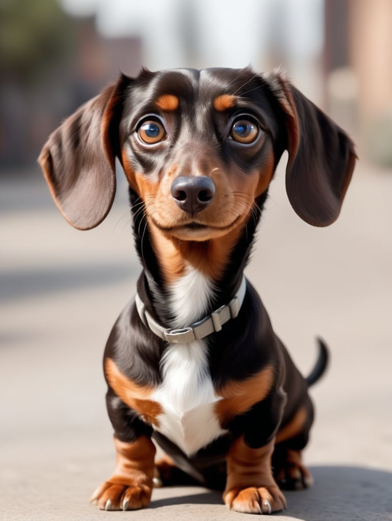 A dark brown dachshund with big brown eyes, floppy ears, and white chest, in the style of a Pixar movie character