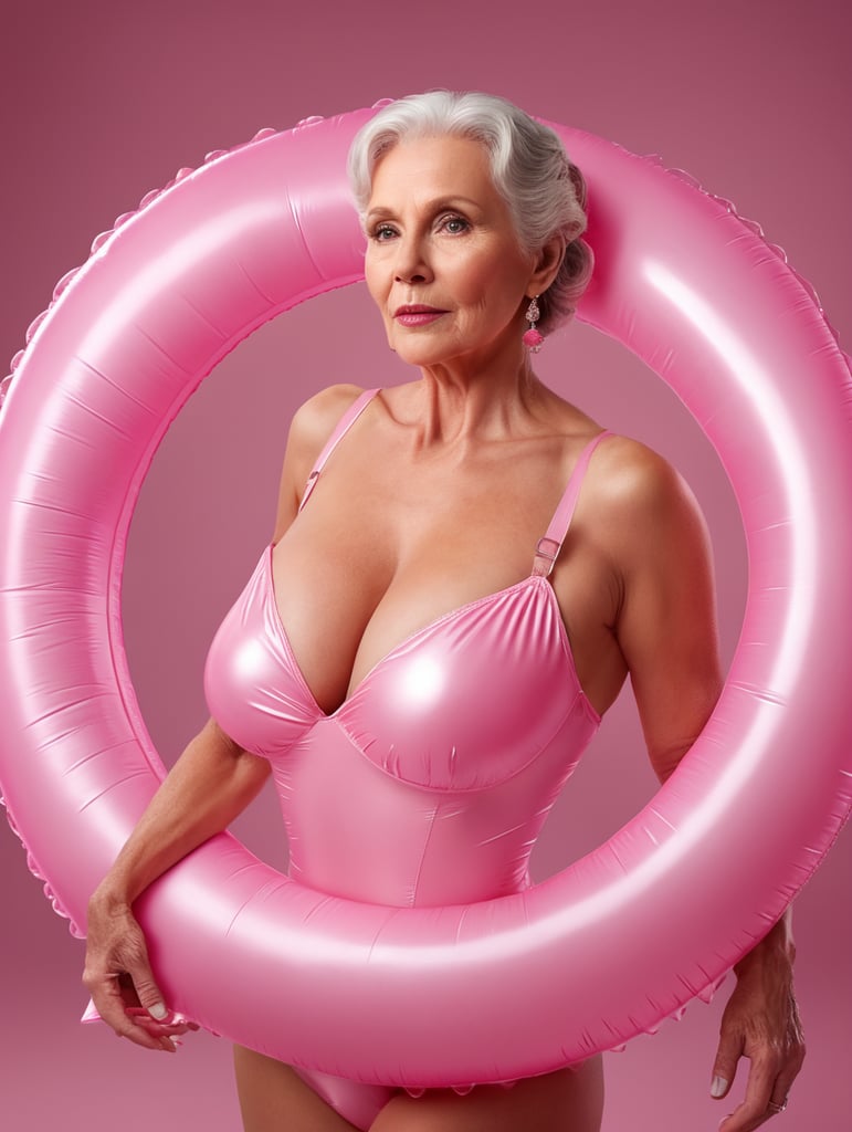 Pretty older women with an pink inflatable ring, isolated on pink background