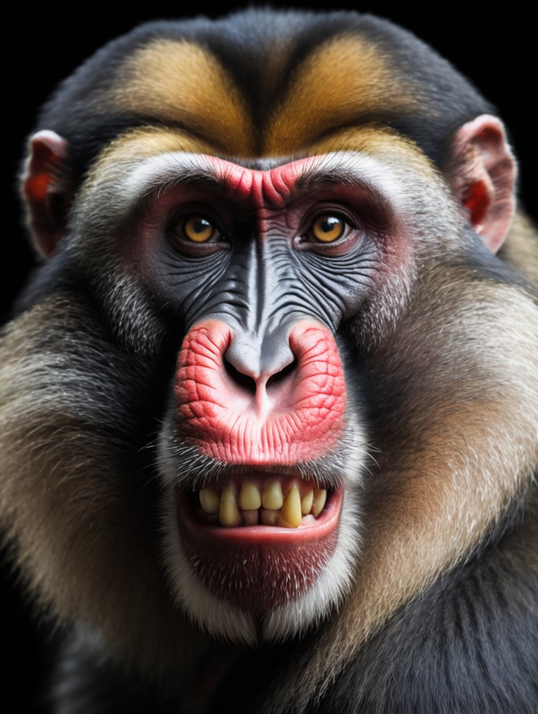 Classic portrait of mandrill on dark background. Full-face. Close-up studio photo.