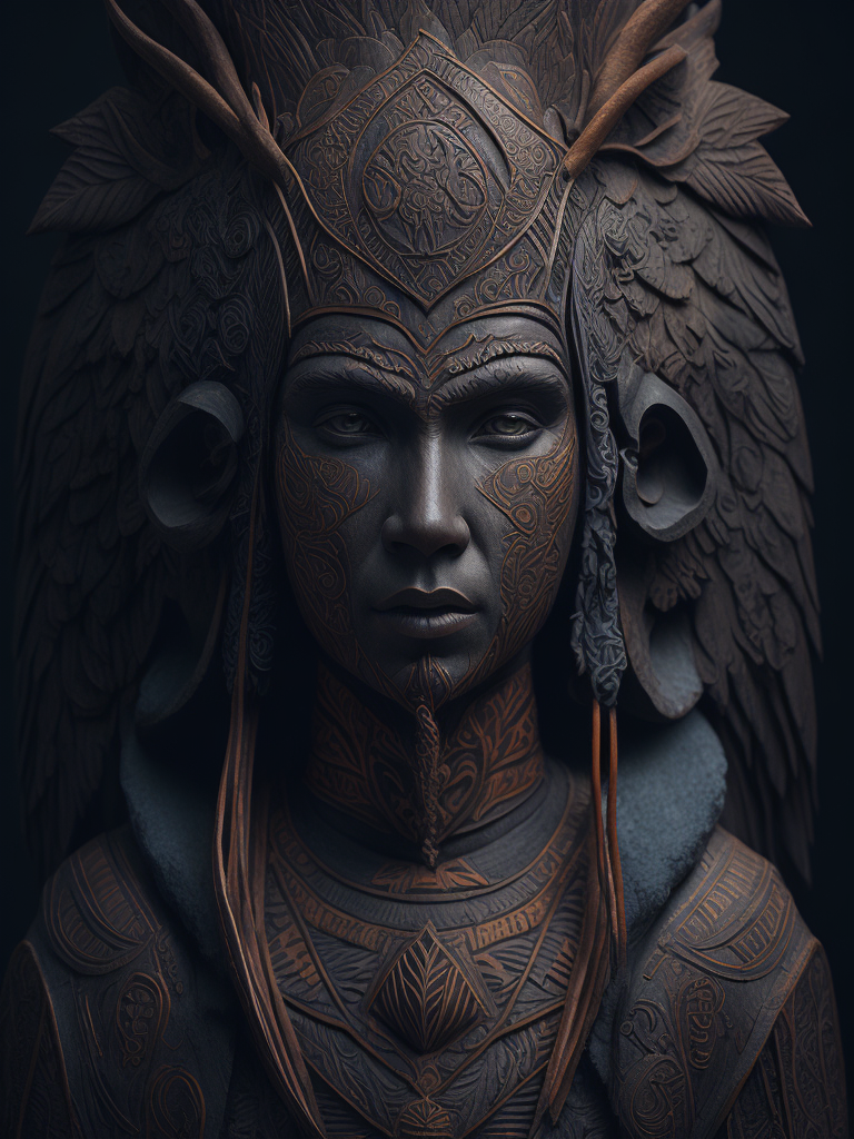 a North American totem carved from the dark wood, detailed, deep carving, handcrafted