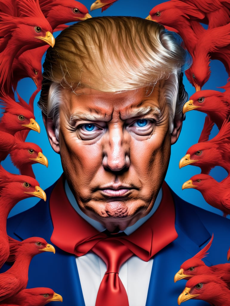 Donald Trump, avant-garde, simplygo, photoshoot spread, dressed in all red, blue background, harpers bizarre, cover, headshot, hyper realistic